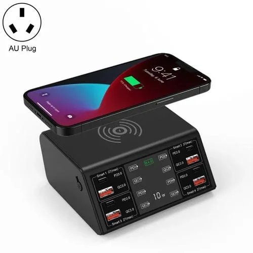 Cargador inteligente 838W 9 en 1 100W 4 Pd 3.0 Usb-C Type-C + 4 Qc 3.0 Puertos Usb Pantalla digital inalámbrico (Negro)