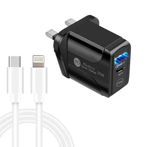 Cargador Pd25W Usb-C Tipo C + QC3.0 Doble Puerto USB con Cable Usb-C a 8 Pin (Negro)