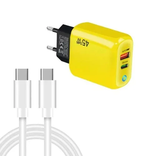 Cargador TE-PD45 GaN 45 W PD3.0/Tipo C + USB 3.0 con cable de datos tipo C a tipo C, enchufe UE (amarillo)