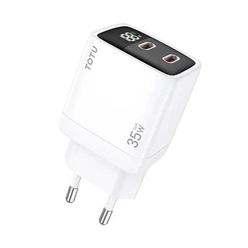 Cargador Totu 35W Gan Dual Usb-C Type-C con Pantalla Digital (Blanco) Enchufe UE