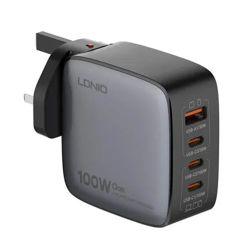 Cargador Usb + 3 Usb-C Gan 100 W Ldnio Q408 con Cable Usb-C a Usb-C (Negro)