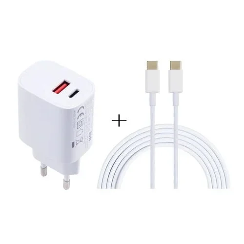 Cargador USB-C 20W + Cable Tipo-C a Tipo-C 100W 1M con Enchufe UE (Blanco)