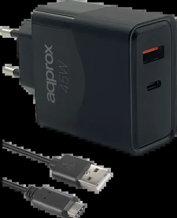 Cargador usb de viaje/pared 1xusb/usb-c + cable usb-a a usb-c 45w negro approx