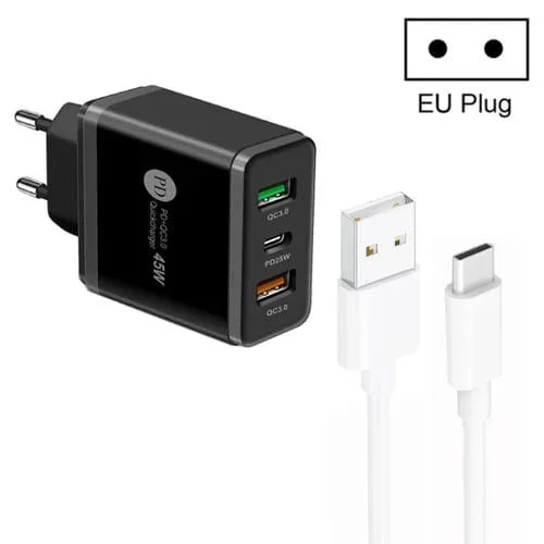 Cargador USB Multipuerto 45W Pd25W + 2x Qc3.0 con Cable USB A Tipo C (Negro) UE