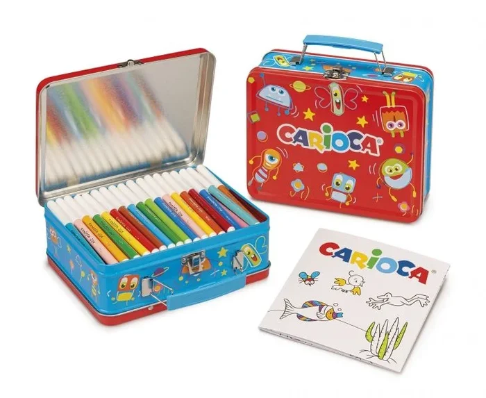 Carioca pack de 100 rotuladores punta fina y tinta superlavable – caja de metal – 1 album para colorear – dedicado a pequeños artistas – color varios
