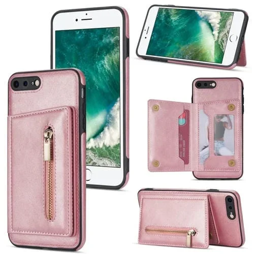 Case de Teléfono Soporte de Tarjeta Cremallera para iPhone 8 Plus / 7 Plus (Rose Gold)