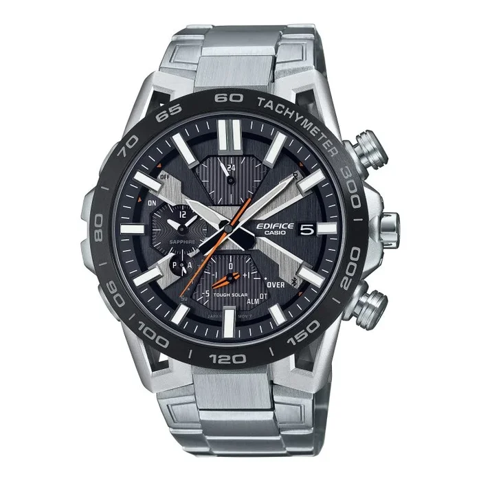 Casio Reloj Solar Hombre 55.60mm con dial Analógico Negro y Correa de Pulsera de Metal Plata EQB-2000DB-1AER