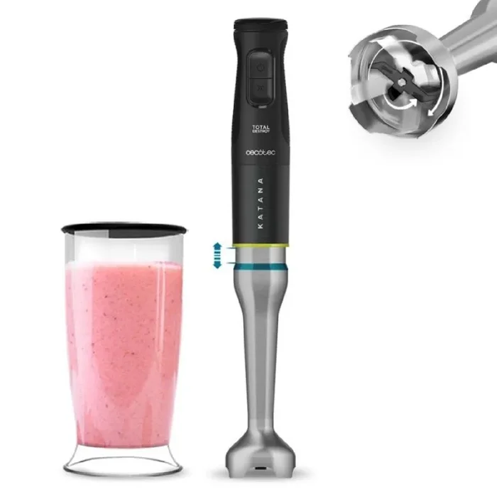 Cecotec Batidora de Mano Katana 15 TotalDestroy Jar B. 1500 W, 21 Velocidades y Turbo, Sistema de dobles cuchillas, 4 hojas con Titanio Negro, Antisalpicaduras, Vaso 800 ml