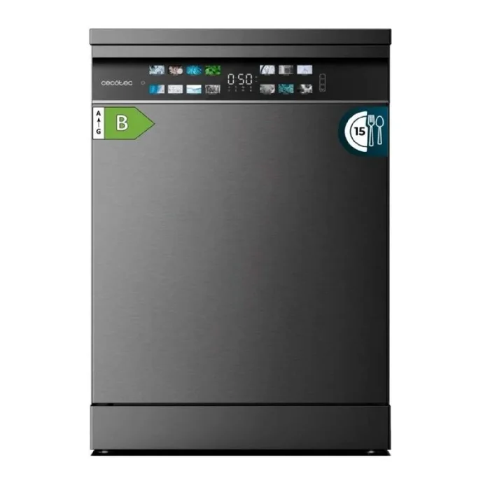 Cecotec Lavavajillas 60 cm Libre Instalación Bolero Aguazero 6700 Dark B. 15 Cubiertos, Bajo Consumo, Motor Inverter Plus, Pantalla Fullcolor XXL, Tercera Bandeja, 8 Programas, Dual Zone Wash, Dark