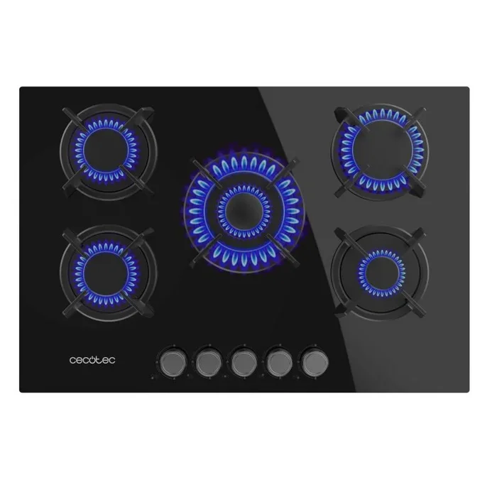 Cecotec Placa de Gas Butano y Natural 5 Fuegos Bolero Squad G 5200S Glass Black, 11000W, Cristal Negro, Parrillas Individuales Hierro Fundido, WOK Triple Corona, Encendido Eléctrico, Sistema Seguridad