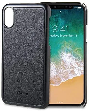 Celly Funda imantada iPhone X/XS, Carcasa Magnética con Bordes de policarbonato y Textura de Piel sintética, Negro