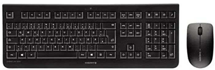 CHERRY DW 3000, Pack de Teclado y Ratón Inalámbricos, Distribución de Teclado Español (QWERTY), Radiofrecuencia 2,4 GHz, Diseño Plano, Tecleo Silencioso, Ratón Simétrico, Negro