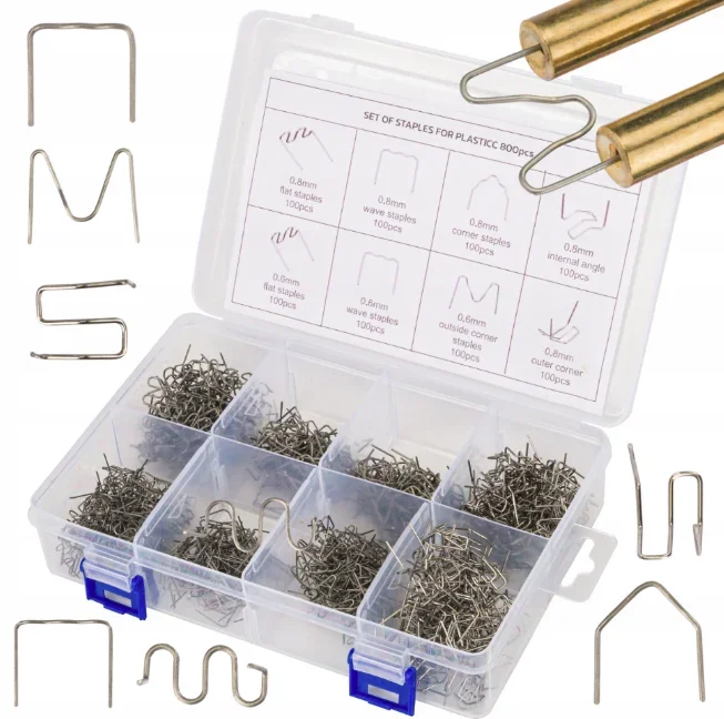 Clavos para soldadoras de plástico 800 unidades Mix Silver, variedad de tamaños, alta calidad para trabajos de soldadura plástica eficiente y duradera.