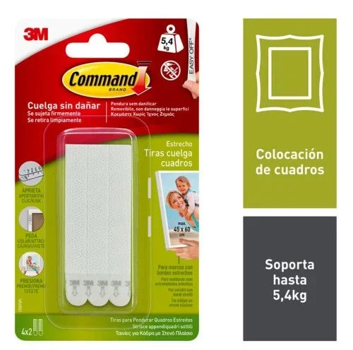 Command Tiras Adhesivas para Colgar Cuadros con Marco Estrecho, Pack de 4 x 2 Tiras Blancas Estrechas, Colgar Sin Agujeros y Sin Taladrar