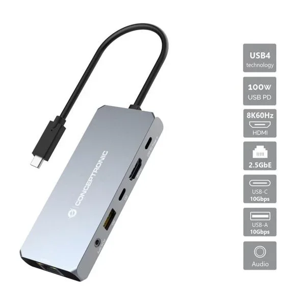 Conceptronic donn22g 6-in-1 usb4 docking station, 40gbps, 8k 60hz hdmi, 2.5gbe lan, usb-a 10gbps, usb-c 10gbps, 100w usb pd, audio