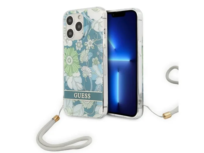 Coque guess flowers avec lanière nylon pour iphone 13 pro – blue garden