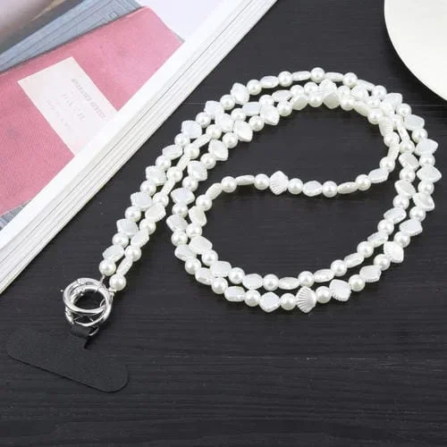 Cordón para cuello antipérdida para teléfono con cadena larga de cuentas de concha (Blanco)