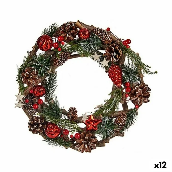 Corona de navidad marrón rojo verde madera plástico 30 x 8 x 30 cm (12 unidades)