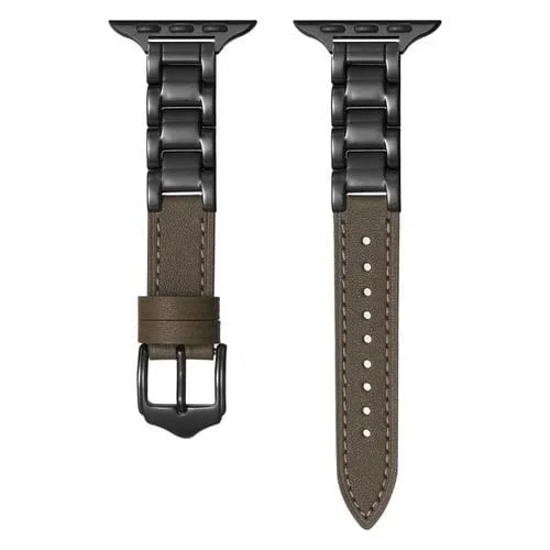 Correa de Cuero para Apple Watch SE 2022 44mm con Hebilla Cerámica (Gris Pardo + Negro)