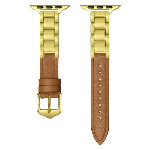 Correa de Cuero para Apple Watch Series 3 42mm con Hebilla Cerámica (Marrón, Dorado)