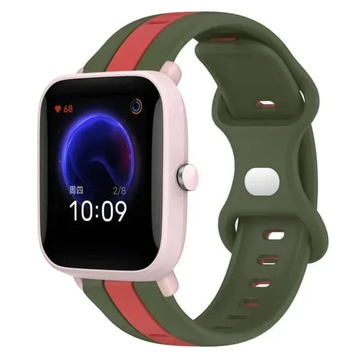 Correa de Reloj Amazfit Pop 20mm Silicona Hebilla de Mariposa Dos Colores (Rojo + Verde Militar)