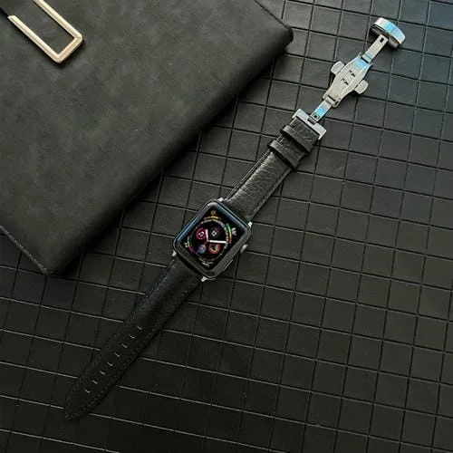 Correa de Reloj Cuero Genuino Lychee para Apple Watch Series 8 7 41mm y SE 40mm 3 2 1 38mm (Negro)