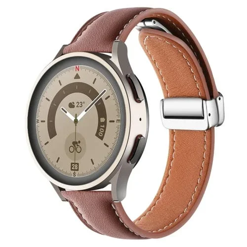 Correa de Reloj Cuero Genuino Tejido Liso Hebilla Plegable 22mm (Marrón + Plata)