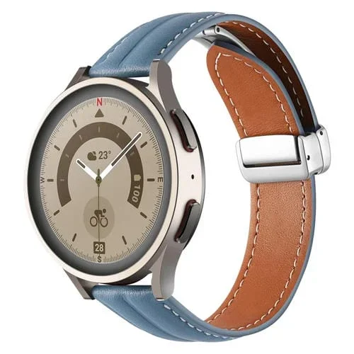 Correa de Reloj de Cuero Genuino Ranurado 20mm con Hebilla Plegable Plateada (Azul)