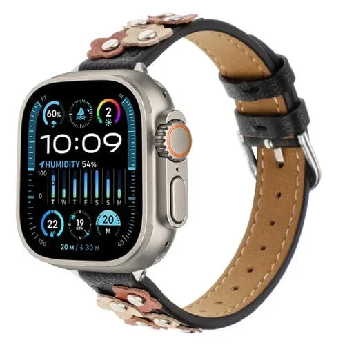 Correa de Reloj de Cuero para Apple Watch Ultra 49mm con Flores Cosidas (Negro)