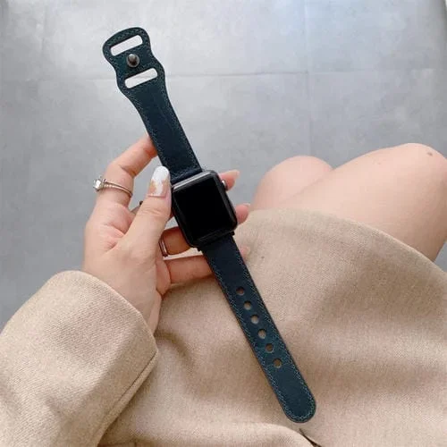 Correa de Reloj de Cuero Retro con Hebilla para Apple Watch Ultra 49mm y Series 8,7,Se 2,6,5,4,3,2,1 42-45mm (Azul)