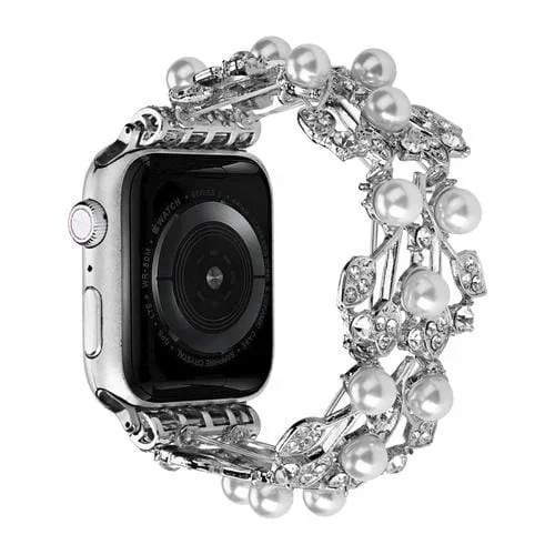 Correa de Reloj de Metal con Cuentas de Cuatro Hojas para Apple Watch 8 45mm (Plata)