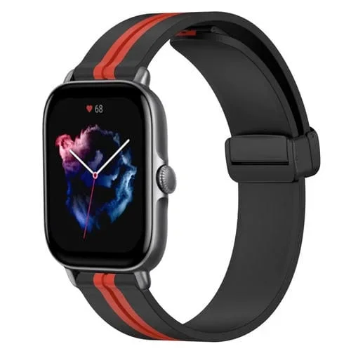 Correa de Reloj para Amazfit GTS 3 20mm Silicona con Cierre Magnético Plegable (Negro + Rojo)
