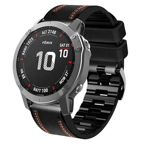 Correa de Reloj para Garmin Fenix 7 de cuero y silicona con costura tricolor (Negro)