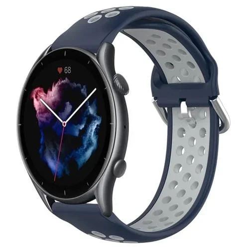 Correa de Reloj Silicona Deportiva Amazfit 3 22mm Transpirable Perforada (Azul Medianoche + Gris)