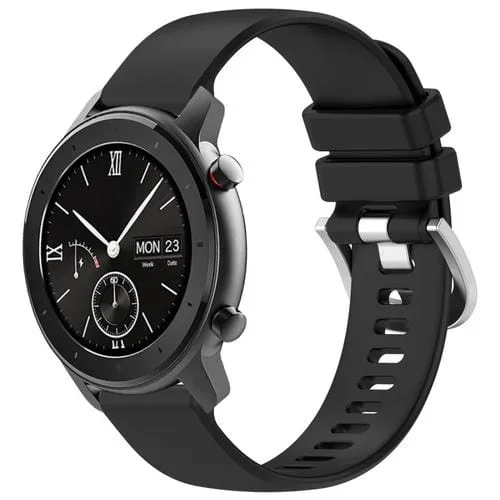 Correa de Reloj Silicona para Amazfit GTR 42mm y GTS 20mm con Hebilla Plateada (Negro)