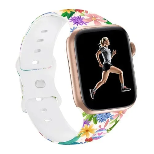 Correa de Silicona Apple Watch Series 5 44mm con Estampado de Pascua y Hebilla de Mariposa (Flores de Colores)