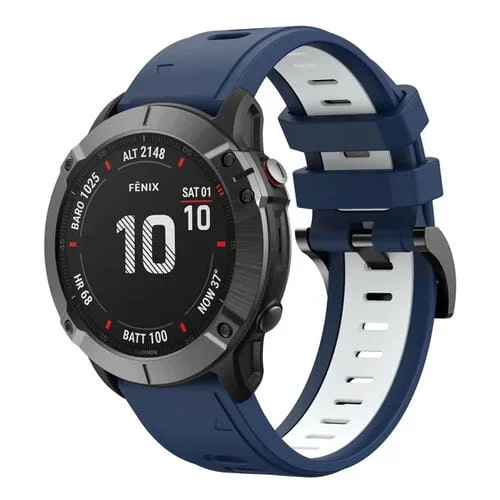 Correa de Silicona Deportiva para Garmin Fenix 6X Pro 26mm (Azul Medianoche + Blanco)