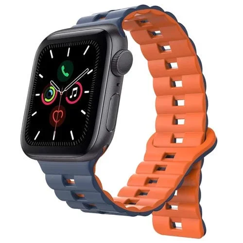 Correa de Silicona Magnética para Apple Watch Series 5 44mm (Azul Medianoche + Naranja)