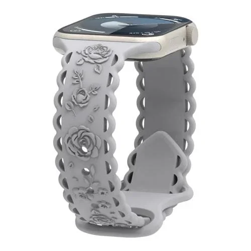 Correa de Silicona para Apple Watch SE 2022 44mm con Relieve de Rosa 3D (Gris)