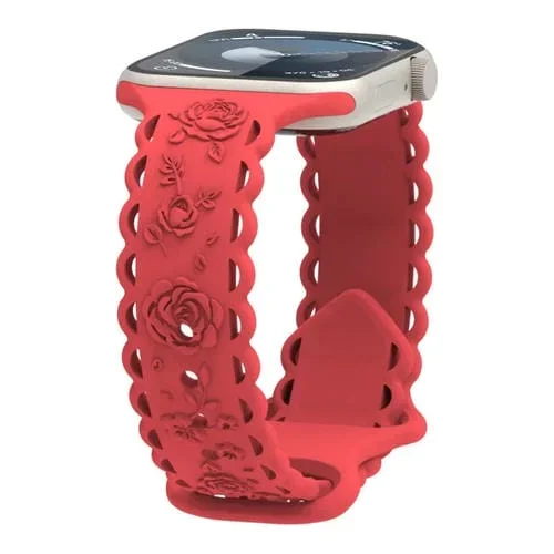 Correa de Silicona para Apple Watch Series 3 con Relieve de Rosa 3D y Encaje 42mm (Rojo)
