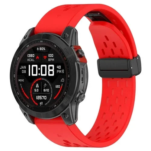 Correa de Silicona para Garmin Fenix 5X Gps y 5X Puls con Hebilla Magnética y Orificios de Liberación Rápida (Rojo)