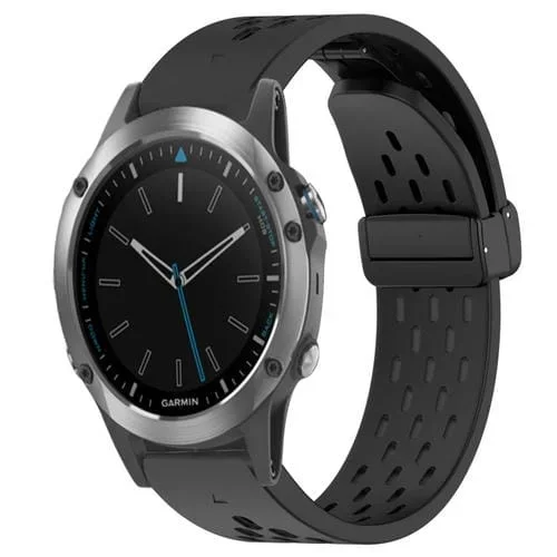 Correa de Silicona para Garmin Quatix 5 con Orificio y Hebilla Plegable 22mm (Negro)
