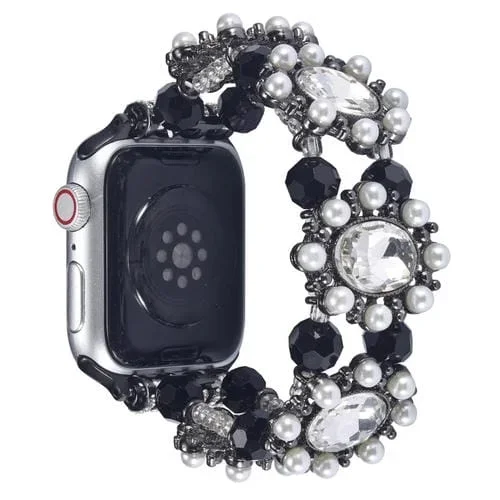 Correa para Apple Watch SE 2022 44mm con Pulsera de Piedras Preciosas y Perlas (Negro)