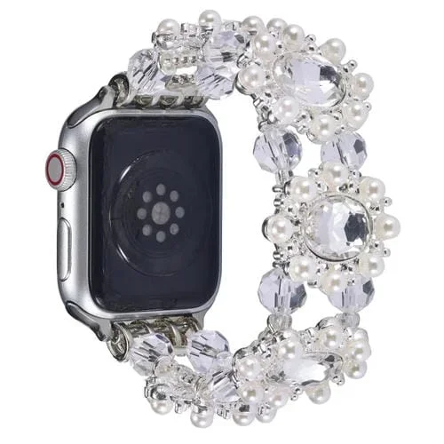Correa para Apple Watch Series 3 42mm con Pulsera de Piedras Preciosas y Perlas (Blanco)