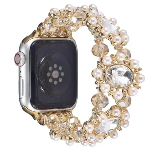 Correa para Apple Watch Series 5 con Pulsera de Piedras Preciosas y Perlas 44mm (Oro Claro)