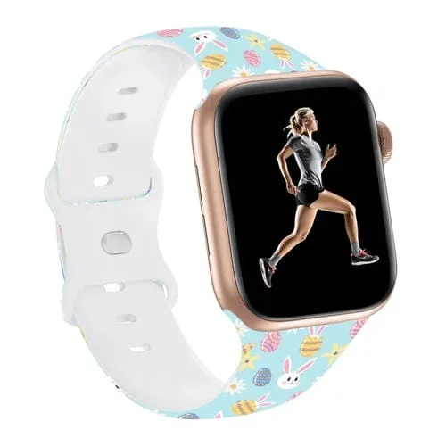 Correa para Apple Watch Series 9 de Silicona con Estampado de Pascua y Hebilla de Mariposa de 45mm (Huevos de Pascua Azules)