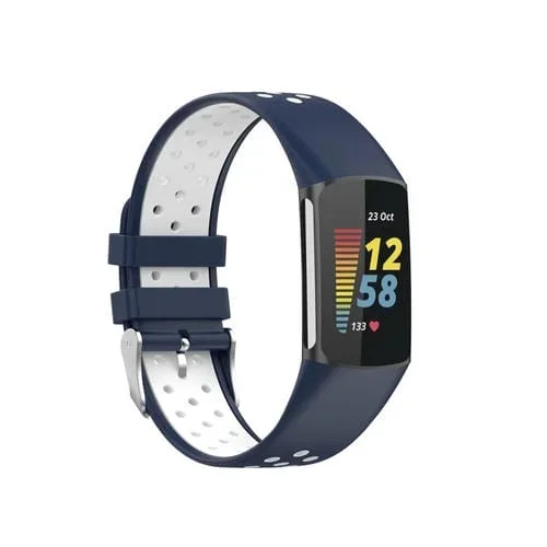 Correa para Fitbit 5 doble color con hebilla metal y agujero de silicona (Blanco Azul)