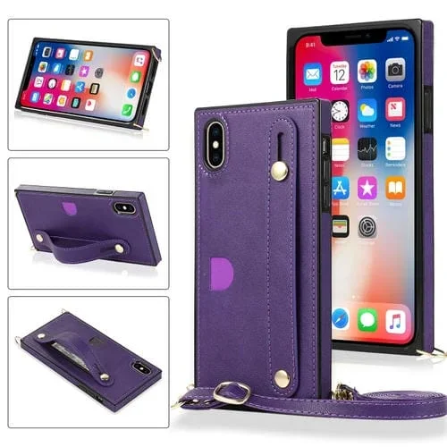 Correa para Muñeca Pu + TPU Estuche Protector para iPhone X / Xs a Prueba de Golpes con Cordón Cruzado Soporte y Ranura para Tarjeta (Púrpura)