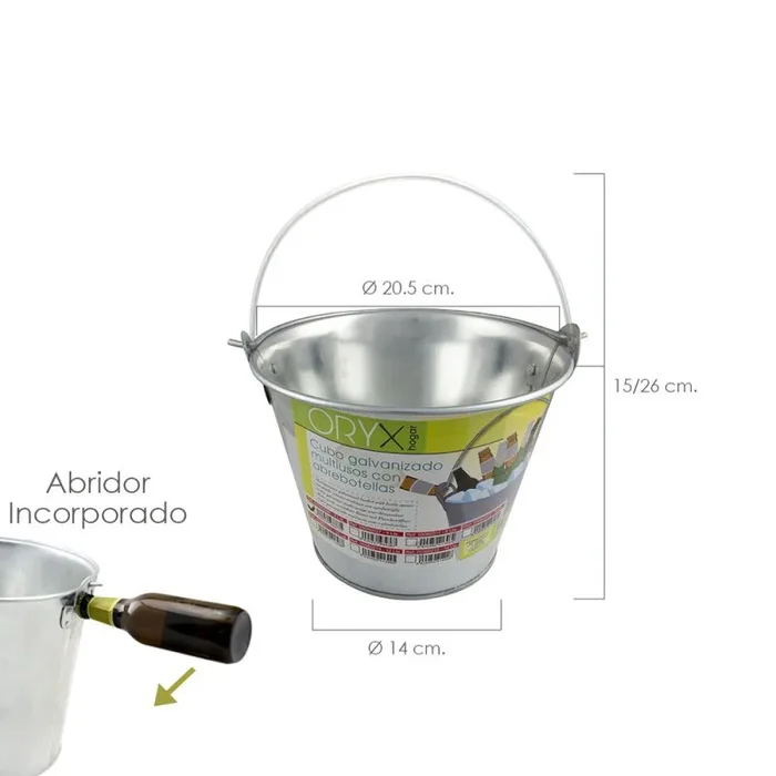 Cubo zinc metal galvanizado multiusos 2 litros 20.5 x 14 x 15 (alt.) cm. con abre botellas