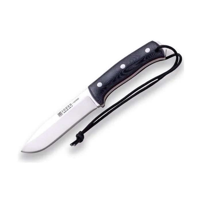 Cuchillo Bushcraft Joker «Nomad» CM125-P, hoja de 12,7 cm, mango micarta canvas, funda piel de color negro con pedernal, Herramienta de pesca, caza, camping y senderismo